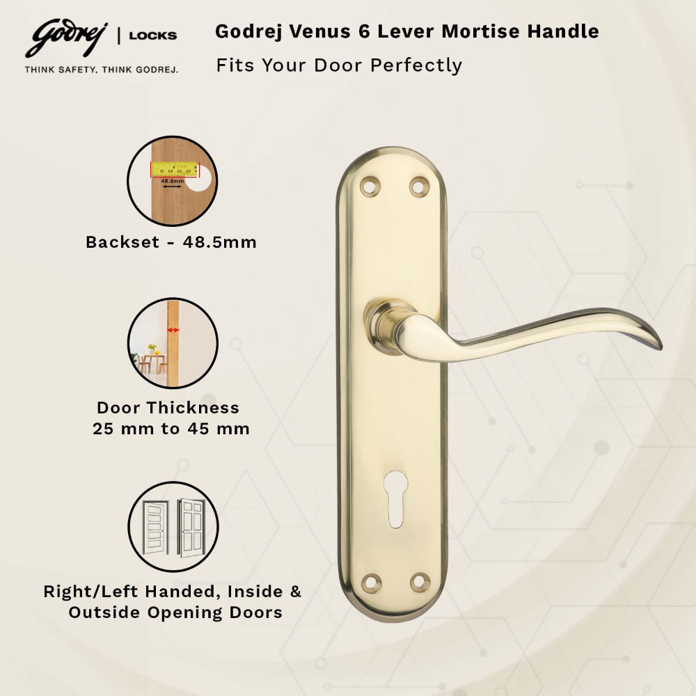 Godrej Mortise Door Lock Handle Set | 175mm Venus | 6-Lever Locking Mechanism | Reversible Latchbolt | Suitable for Left and Right Handed Doors Brass Finish| 5 YEARS WARRANTY